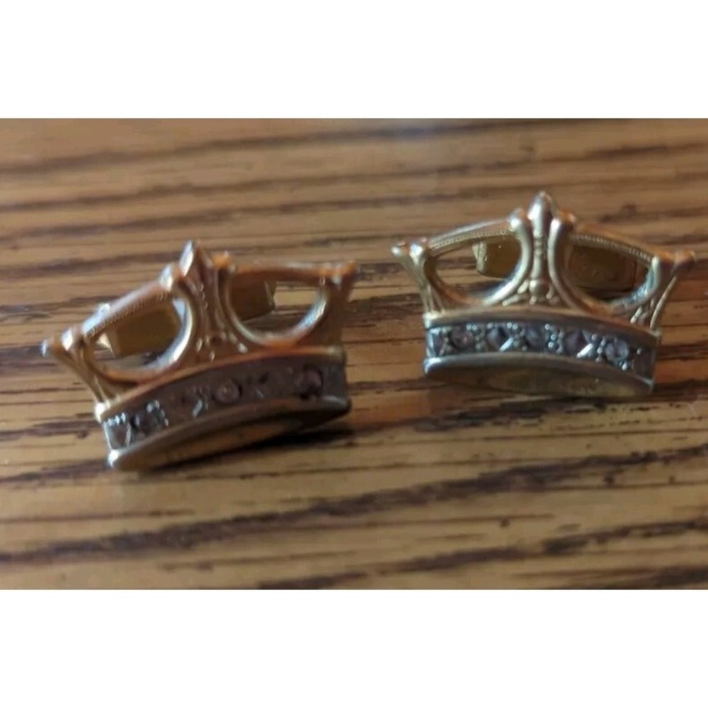 Vintage Anson Crown Cufflinks Rhinestone Gold Tone Crown King Retro Mens Jewelry